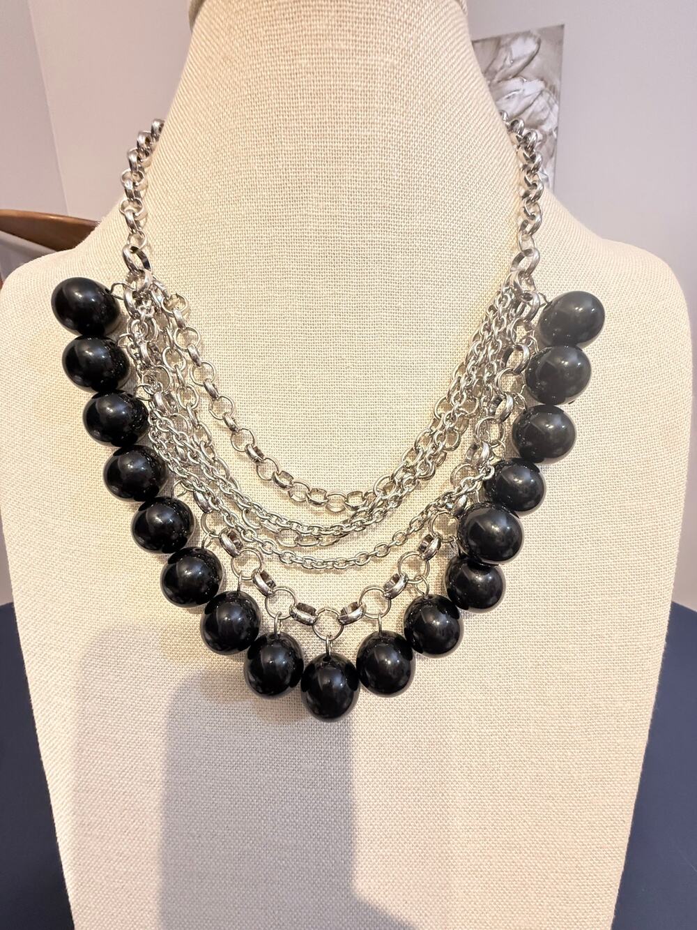 Vintage NOS Chunky Black Acrylic Runway Necklace 18”